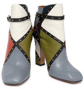 Valentino Stud-Embellished Color-Block Leather Ankle Boots