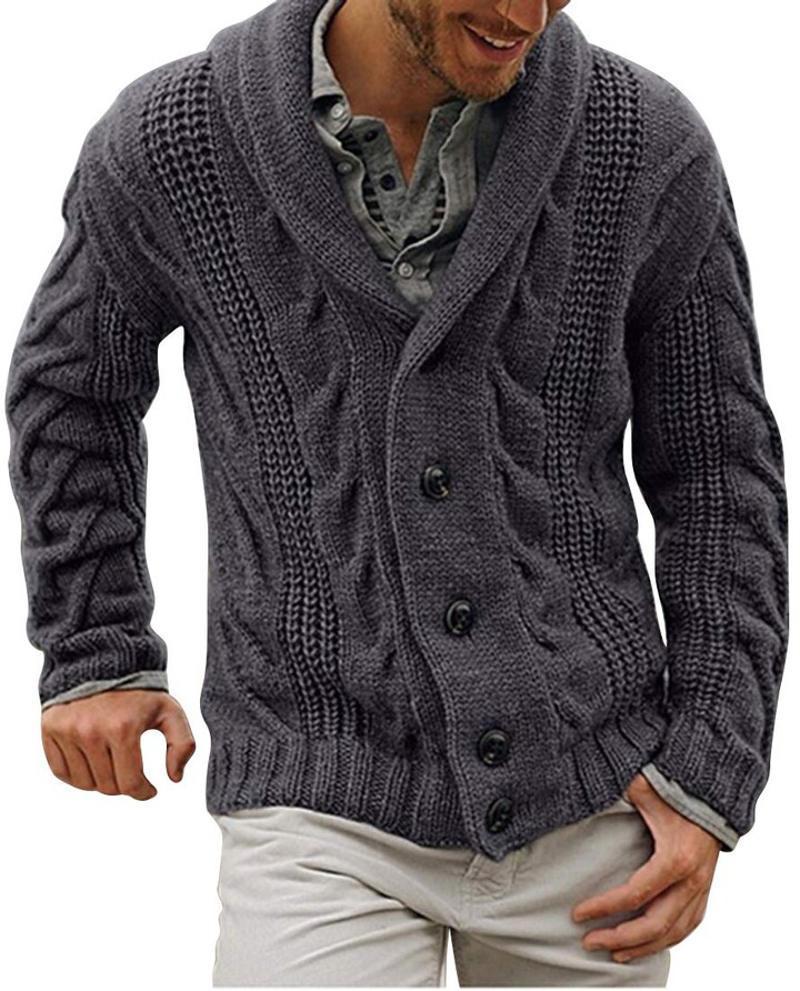Shujin Men's Cardigan Chunky Knit Pullover with Shawl Collar