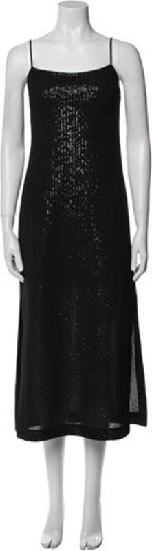 Max Mara Slip Dress Black Sequin Embellishments Sleeveless with Square Neckline Concealed Zip Closure at Side Size not listed, estimated from measurements. Designer