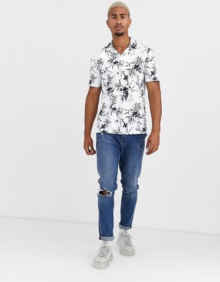 ONLY & SONS revere collar palm print t-shirt in white