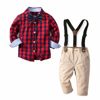Geagodelia Kid Infant Baby boy Clothes Gentleman Outfit Long Sleeve Plaid Shirt top Suspender Trousers Formal Suit (Short Sleeve Yellow Dinosaur 3-4 Years)