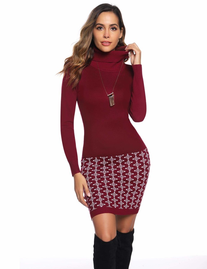 Abollria Women Long Sleeve Turtleneck Knit Stretchable Elasticity Sweater Bodycon Dress