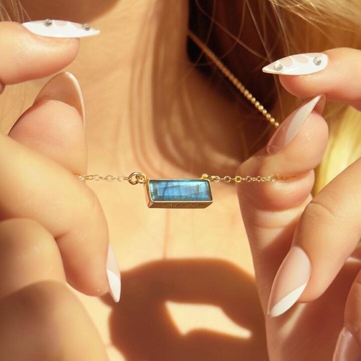 Adira Dainty Natural Labradorite Bar Necklace Gold Gemstone Necklace, Wedding Jewelry, Statement Baguette Bar Jewelry Summer