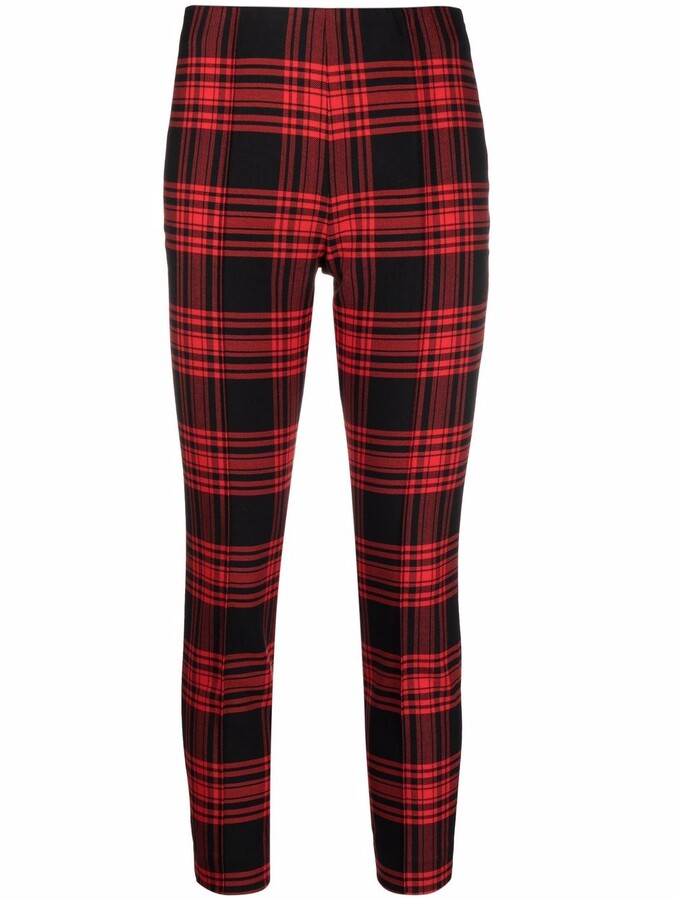 New Womens Red & Black Slim Stretch Tartan Style Pants Checked Trousers 