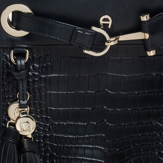 Aigner Black Crocodile Embossed Leather Cavallina Top Handle Bag