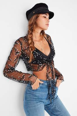 Urban Outfitters Maura Sheer Embroidered Tie-Front Top