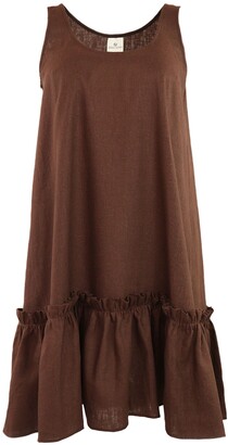 Gunda Hafner - Brown Sleeveless A Line Linen Dress With Ruffles