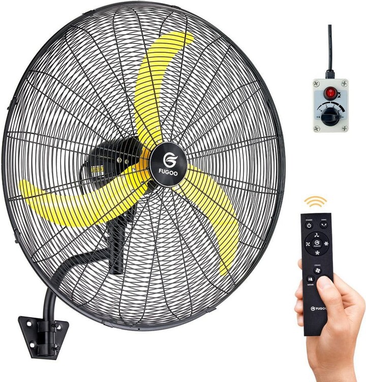 FUGOO 30 in. Oscillating Wall Mounted Fan in Black with Yellow Blades, All Sealed Brushless DC Motor, Waterproof, Remote