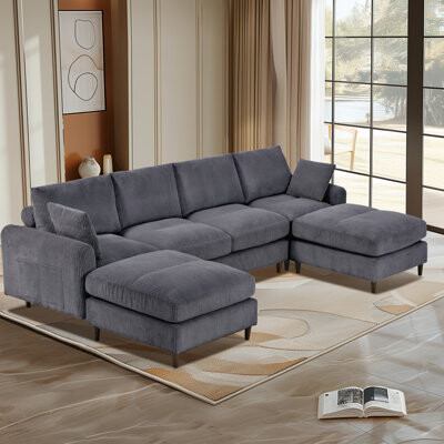 Ivy Bronx Corduroy Modular Section Sofa U-Shaped Convertible L-Shaped Sofa Set With Pillow Oversized Sectional Sofa With Footstool Suitable Living Room Atti