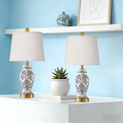 Jane Ceramic Table Lamps Set Of 2 For Living Room Bedroom Bedside, Traditional Blue Porcelain Classic Table Lamp For Nightstand Entryway, 2 LED Bulbs Inclu