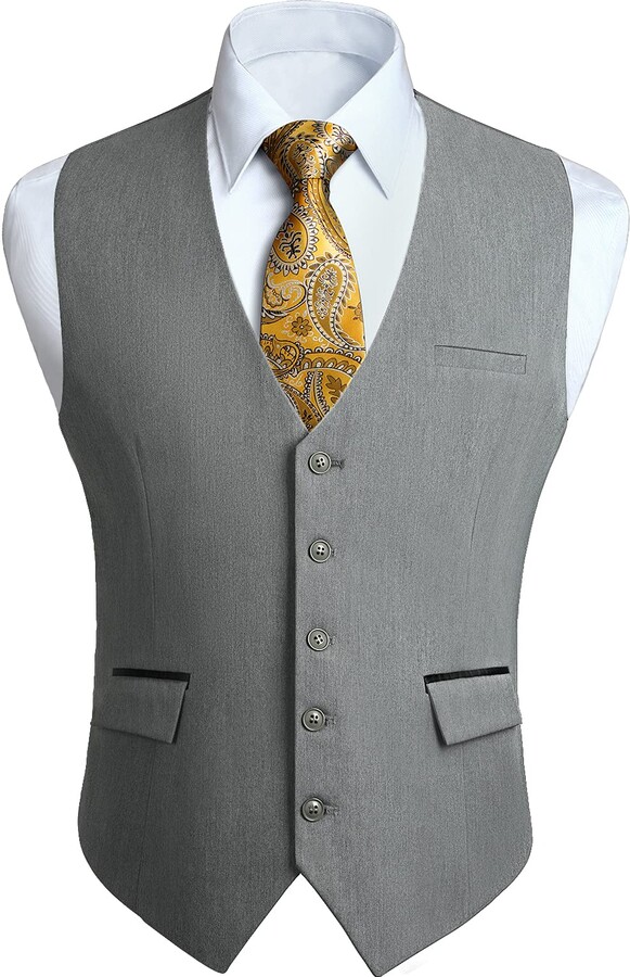 HISDERN Men's Light Grey Waistcoats Formal Wedding Waistcoat Casual