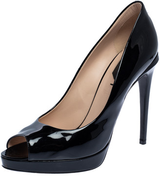 black patent leather open toe heels