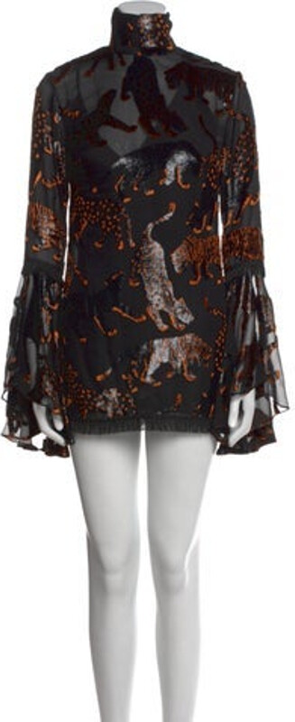 Sandra Mansour Merino Wool Mini Dress Sandra Mansour Merino Wool Sheath Dress Black Printed Long Sleeve with Turtleneck