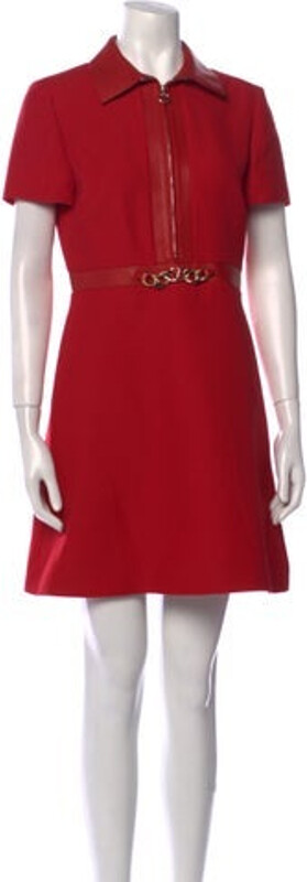 Valentino Virgin Wool A-Line Dress Red Vlogo Leather & Chain-Link Accents Short Sleeve with Collar Concealed Zip Closure at Back Designer