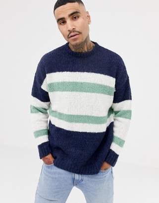 ASOS Design Knitted Jumper With Blocked Stripes In Navy