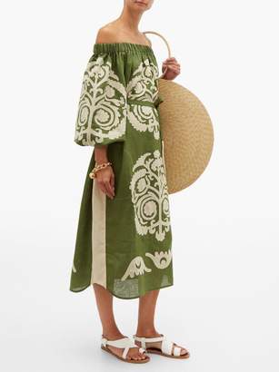 Palladium Vita Kin Off-the-shoulder Embroidered-linen Dress - Womens - Khaki Multi
