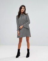 Thumbnail for your product : Goldie Janey Striped Leaf Printed Shift Dress With Bell Sleeves And Neck Tie