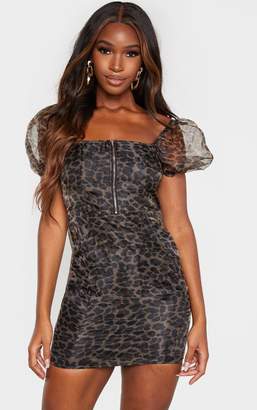 PrettyLittleThing Brown Leopard Print Organza Sleeve Zip Through Bodycon Dress
