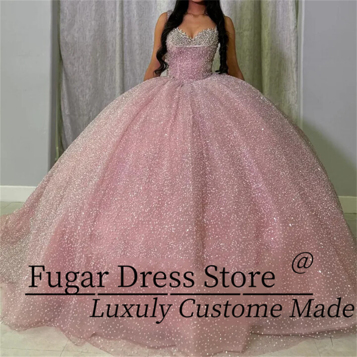 ZHUOFU Customized Pink Shiny Off The Shoulder Quinceanera Dresses Beads Crystal Ball Tull Gown Birthday Vestido De 15 Anos Sweet 16