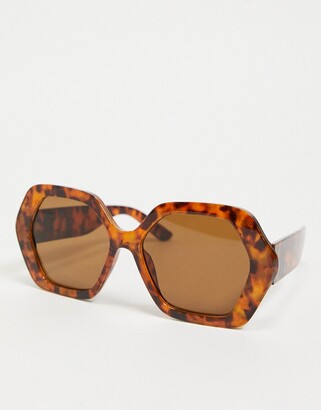 ASOS DESIGN frame hexagon oversized 70s sunglasses in tort - BROWN