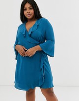Thumbnail for your product : Outrageous Fortune Plus ruffle wrap dress with fluted sleeve in pale blue