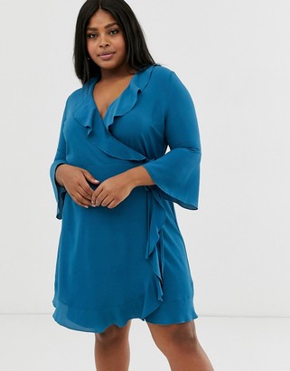 Outrageous Fortune Plus ruffle wrap dress with fluted sleeve in pale blue