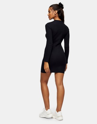 Topshop long sleeve ribbed mini dress in black - ShopStyle