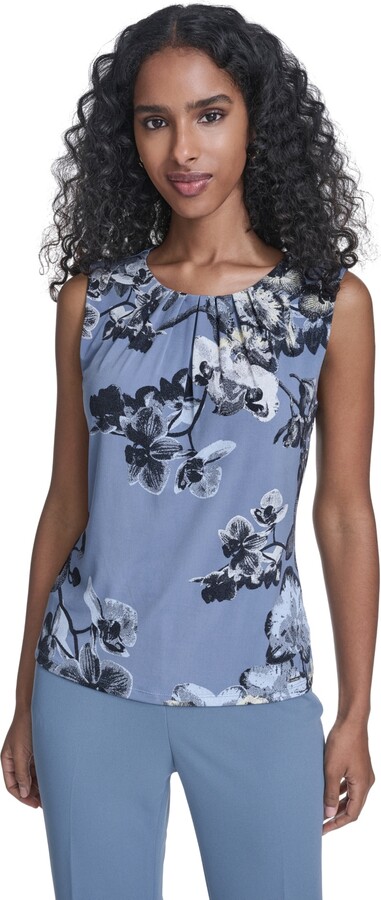 Calvin Klein Women's Printed Sleeveless Pleated Top - Flint/Black Multi