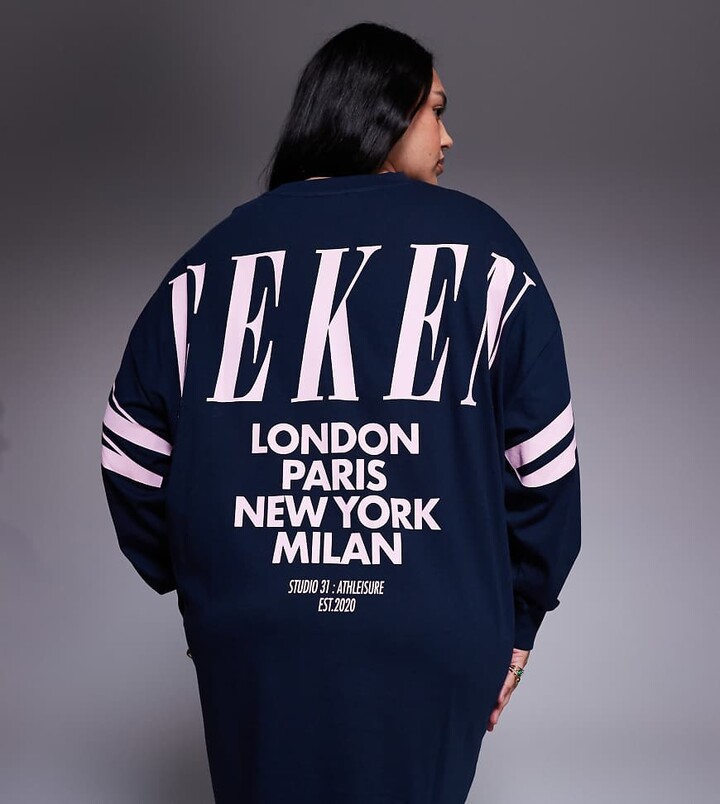 ASOS Weekend Collective Weekend Collective Curve Icon oversized long sleeve T-shirt dress with stacked back logo in navy and pink