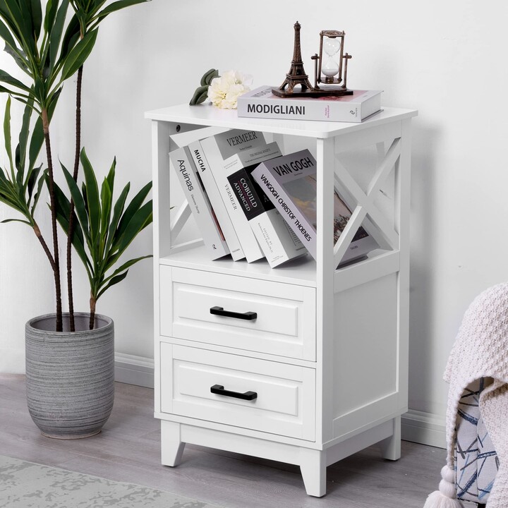 Howcool White Nightstand with 2 Storage Drawers, Wood XDesign Tall