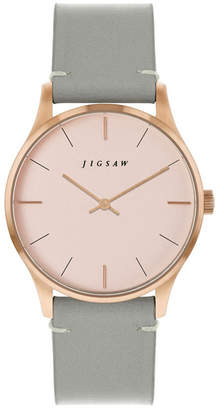 Jigsaw Ladies Watch, Round Rose Gold Stainless Steel Case, Rose Gold Dial, Grey Genuine Leather Strap