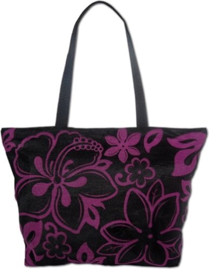 KC Hawaii Women’s Mesh Beach Tote Handbag Hibiscus Plumeria Black, Purple