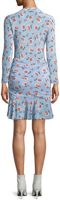 Veronica Beard Rowe Bracelet-Sleeve Ruched Asymmetric-Placket Floral-Print Silk Dress