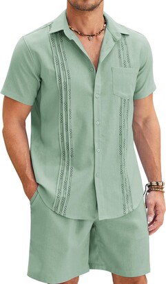 COOFANDY Men Linen Sets Outfits 2 Piece Short Sleeve Cuban Shirts Guayabera  Linen Suit - ShopStyle Pyjamas