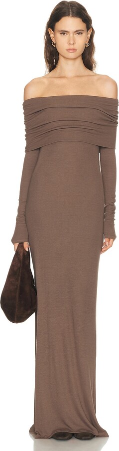 Enza Costa Silk Rib Off Shoulder Fluid Dress in Brown