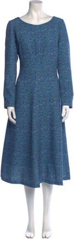 Luisa Beccaria A-Line Dress Blue Long Sleeve with Scoop Neck Concealed Zip Closure at Back