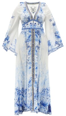 Camilla Plunge-neck High Tea-print Silk Maxi Dress - Blue Print