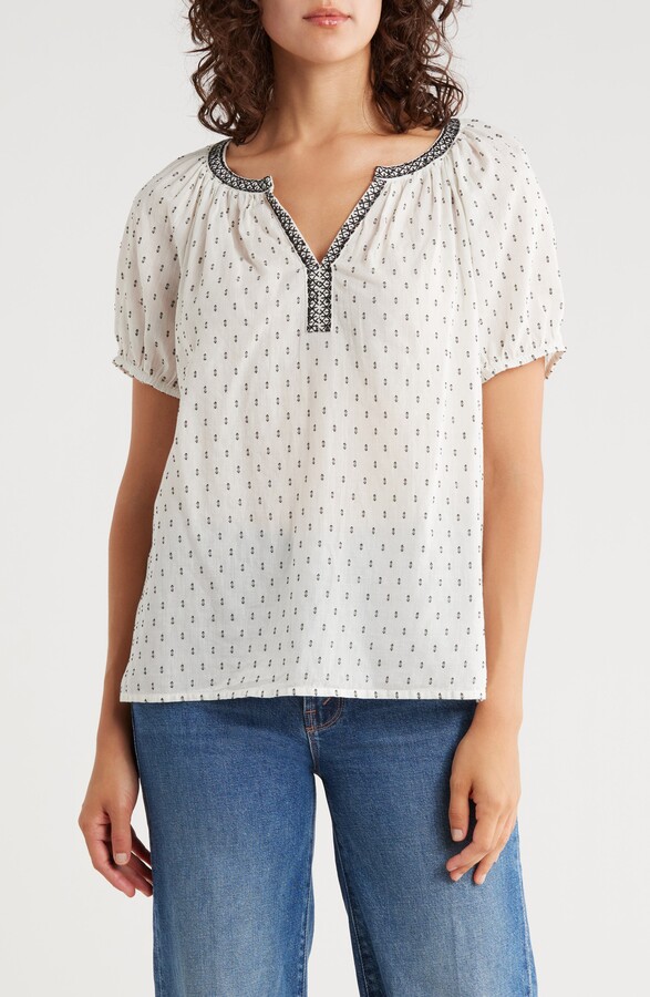 Embroidered Puff Sleeve Cotton Blend Top