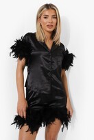 Thumbnail for your product : boohoo Petite Feather Trim Pj Shorts Set