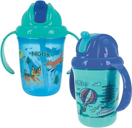 Nuby No-Spill Trainer Soft Straw Two Handle Cup | Flip-n Sip | 2 Pack: Blue Animals & Blue Cars, Aqua Travel & Blue Animals or Pink Animals & Aqua Oce