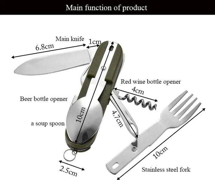 NONE 7 in 1 Stainless Steel Camping Cutlery Set Foldable Fork Spoon Knife Multifunctional Outdoor Tableware for Picnic Hiking Travel