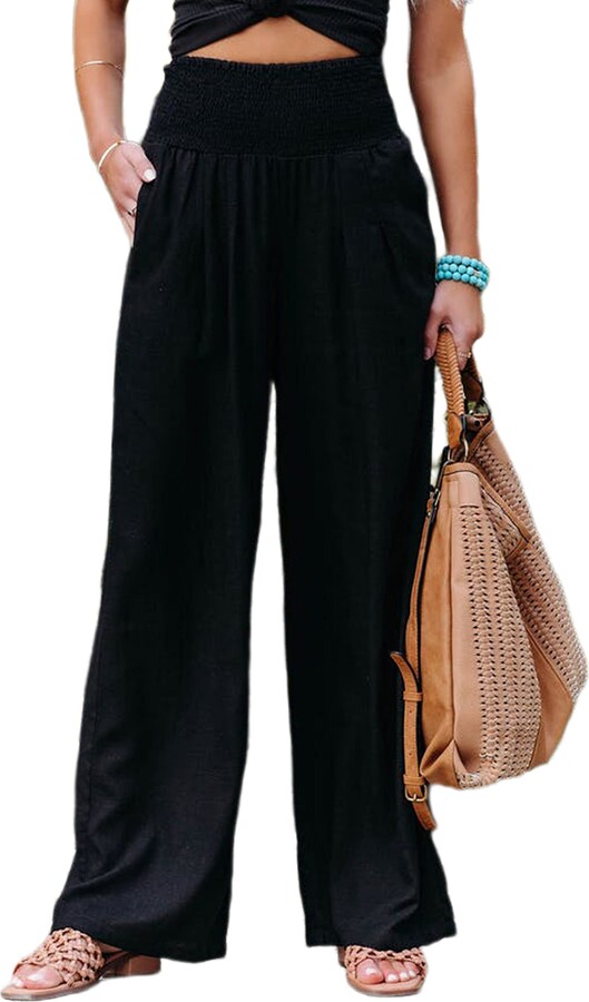 Yidarer Women's Casual Wide Leg Palazzo Pants High Waist Cotton Linen  Pocketed Smocked Pants (Black - ShopStyle