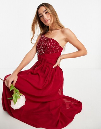 Little Mistress Bridesmaid embellished one-shoulder maxi dress in red