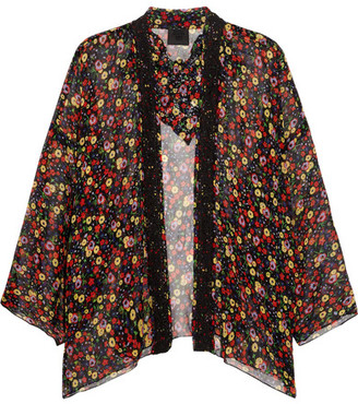 Anna Sui Floral-print Silk-crepon And Crocheted Lace Kimono - Black