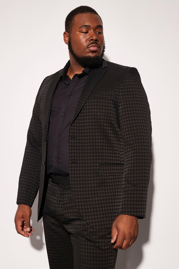 boohoo Mens Black Plus Skinny Tonal Houndstooth Suit Jacket