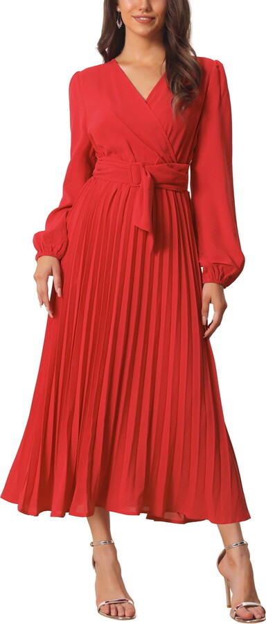Unique Bargains Women’s 2023 Long Puff Sleeve Flowy Ruffle Pleated Dress with Belt