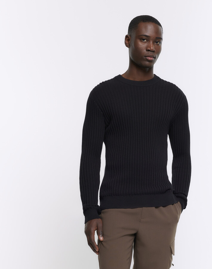 River Island Mens Black Slim Fit Waffle Texture Jumper ShopStyle