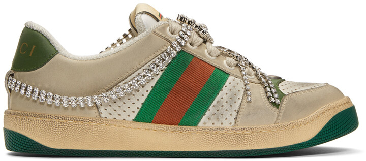 Gucci White & Off-White Crystal Screener Sneakers - ShopStyle