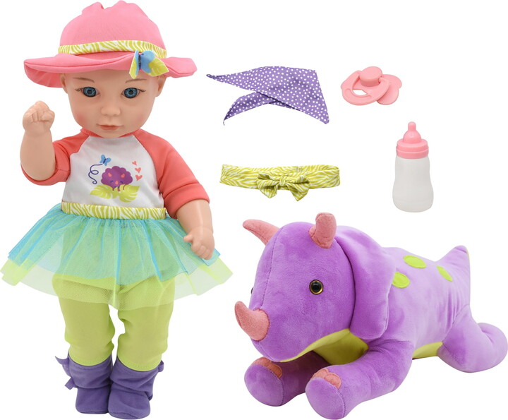 Little Darlings Hop On Baby & Plush Dino - 15" Baby Doll & Purple & Green Dinosaur Friend, Vibrant Tutu Outfit W/ Bottle, Hard Body, Toy Set, Kids 3+