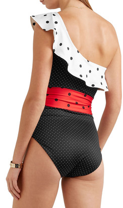 Ganni Prentis One-shoulder Ruffled Polka-dot Color-block Swimsuit